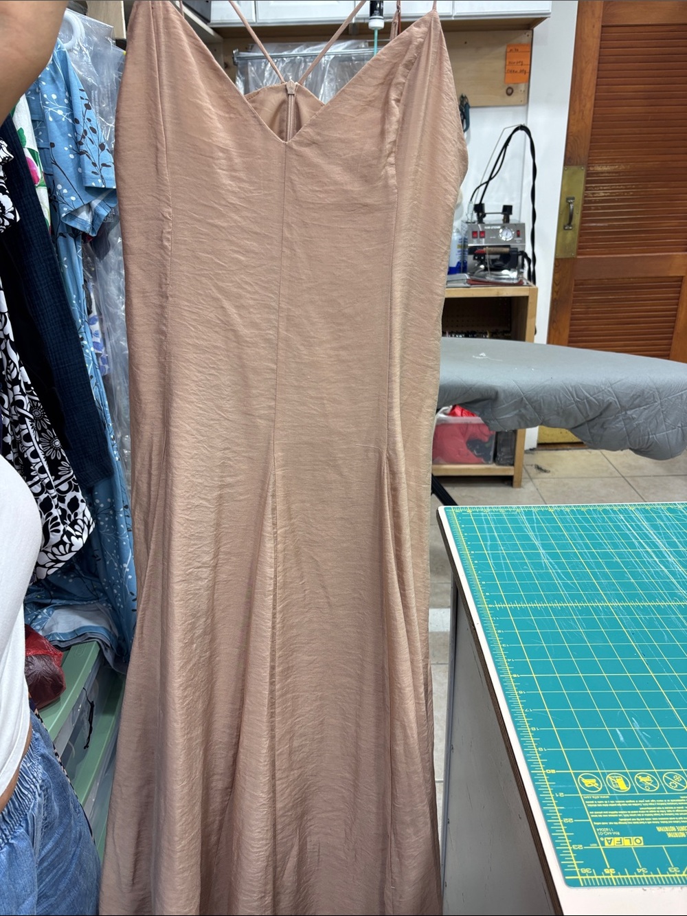 Satin V-Neck Slip Maxi Dress in Taupe